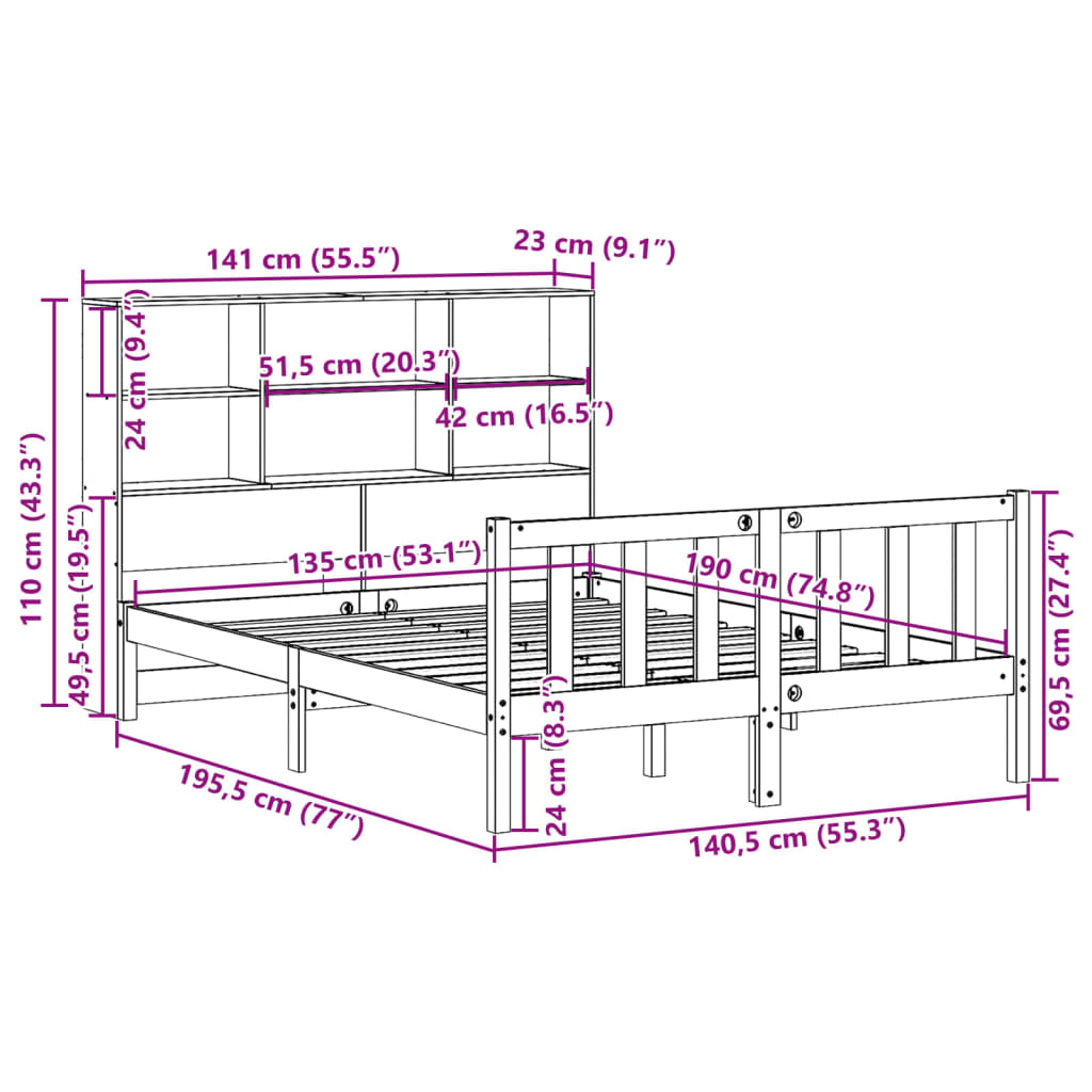 barna tömör fenyőfa könyvespolcos ágy matrac nélkül 135 x 190cm