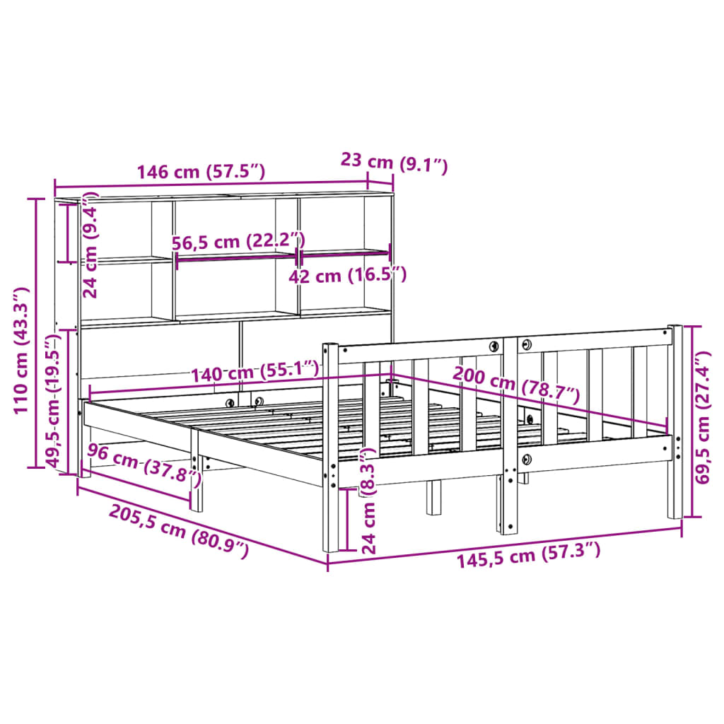 barna tömör fenyőfa könyvespolcos ágy matrac nélkül 140 x 200cm