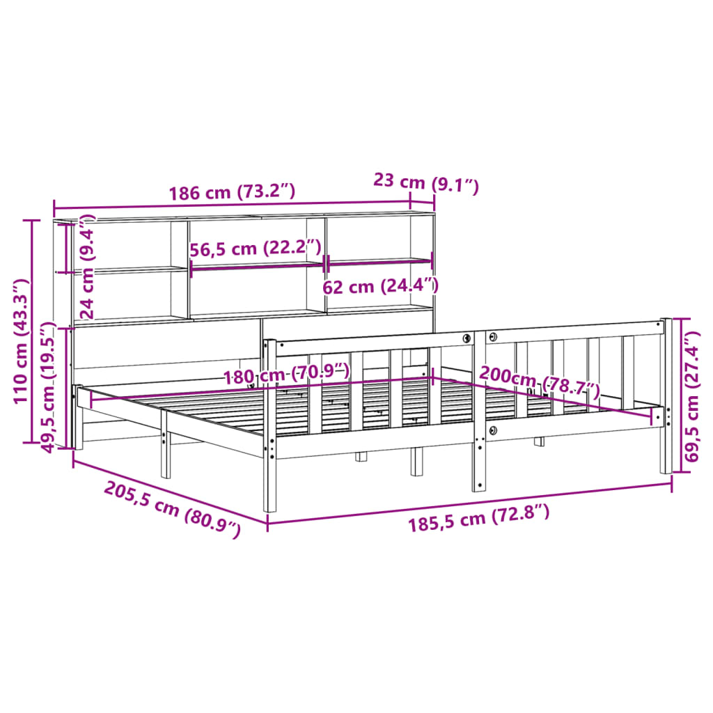 barna tömör fenyőfa könyvespolcos ágy matrac nélkül 180 x 200cm