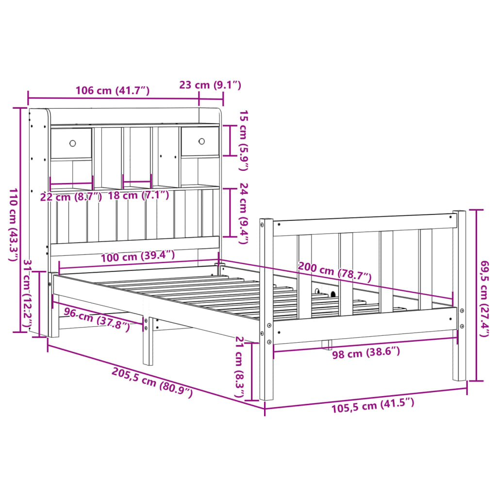 barna tömör fenyőfa könyvespolcos ágy matrac nélkül 100 x 200cm