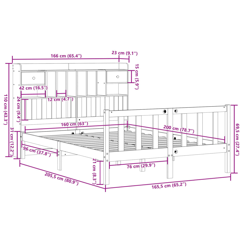 barna tömör fenyőfa könyvespolcos ágy matrac nélkül 160 x 200cm