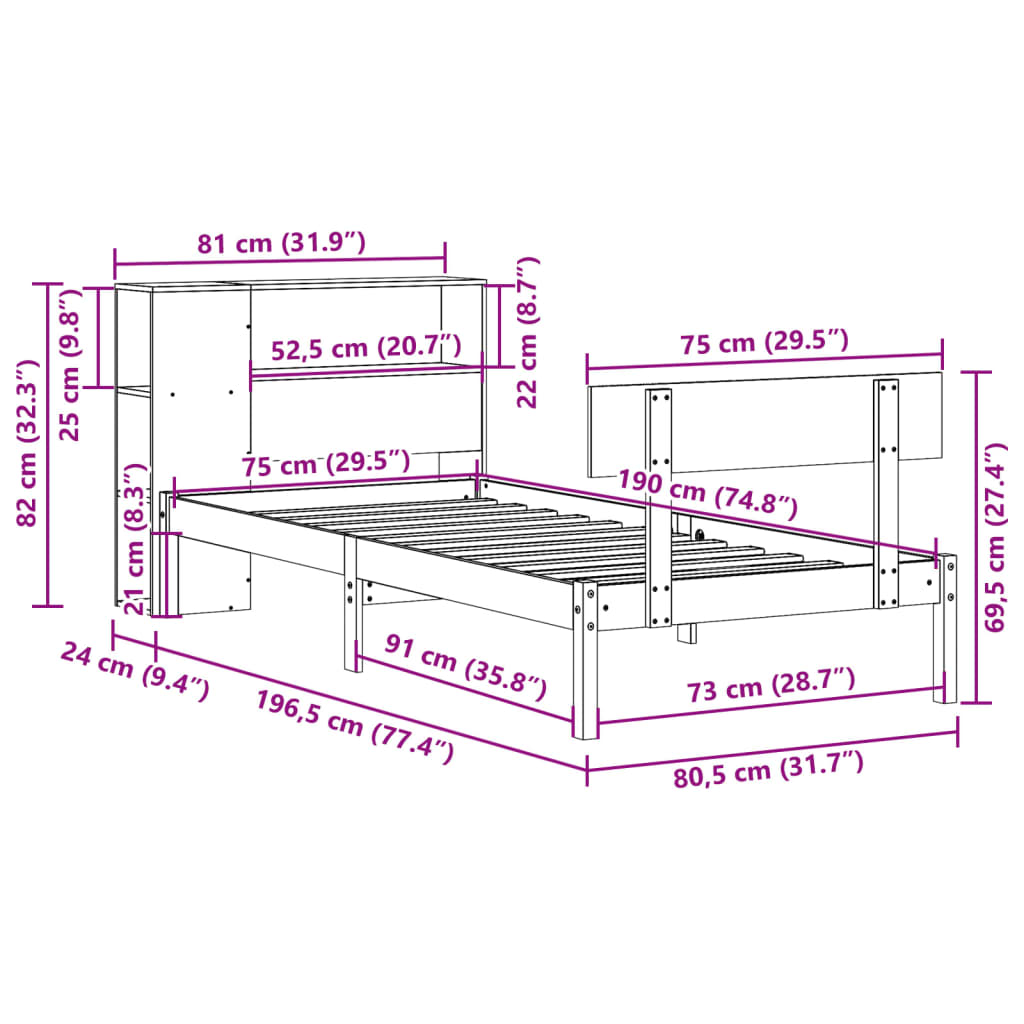 fehér tömör fenyőfa könyvespolcos ágy matrac nélkül 75 x 190 cm