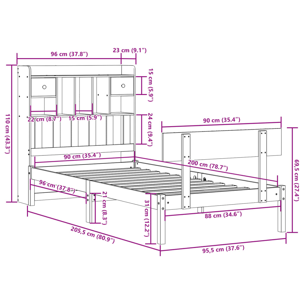 tömör fenyőfa könyvespolcos ágy matrac nélkül 90 x 200 cm