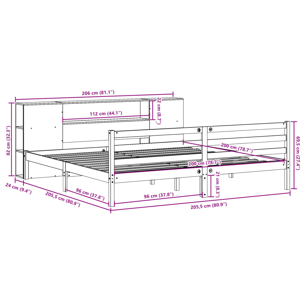 barna tömör fenyőfa könyvespolcos ágy matrac nélkül 200 x 200cm