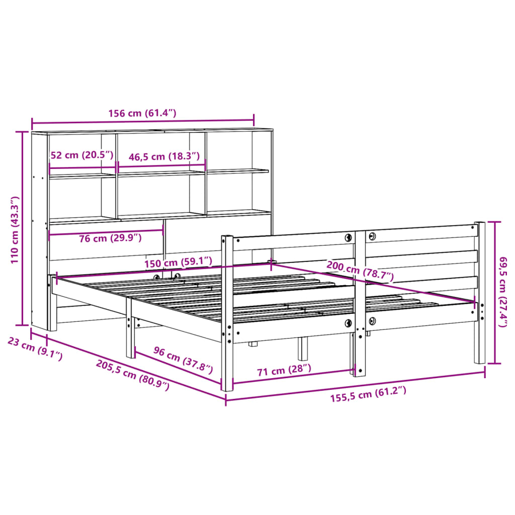 viaszbarna tömör fa könyvespolcos ágy matrac nélkül 150 x 200cm