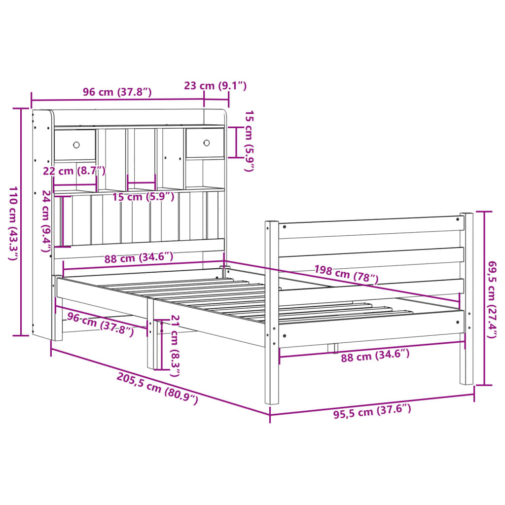 fehér tömör fenyőfa könyvespolcos ágy matrac nélkül 90 x 200 cm