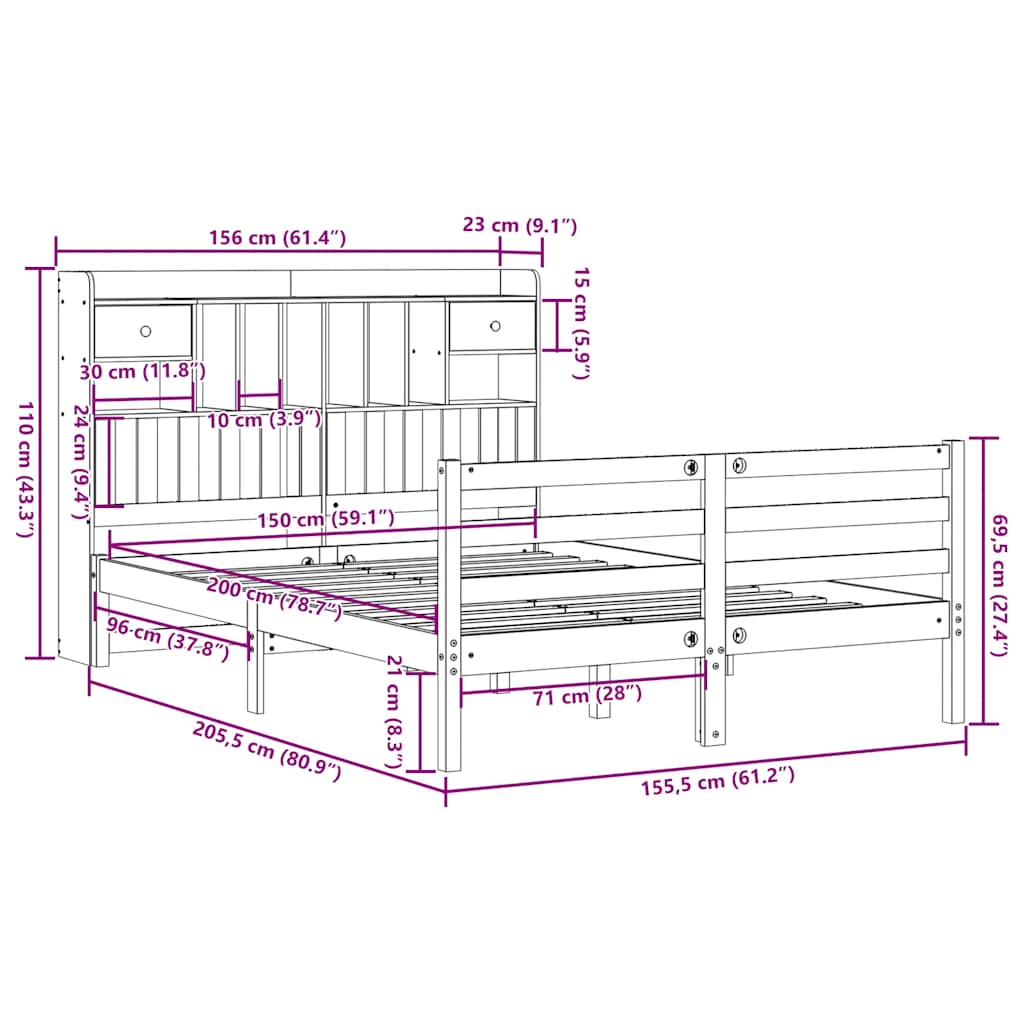 fehér tömör fenyőfa könyvespolcos ágy matrac nélkül 150x200 cm