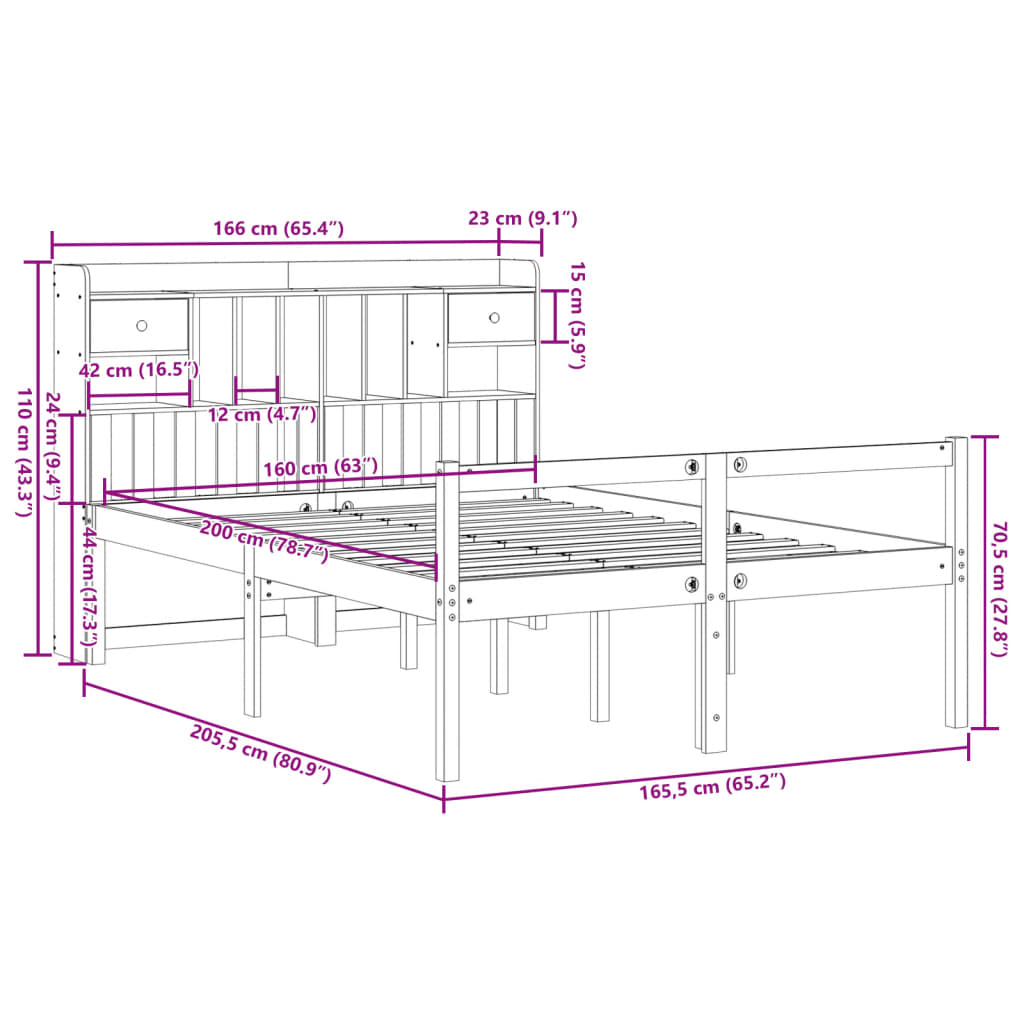 fehér tömör fenyőfa könyvespolcos ágy matrac nélkül 160x200 cm