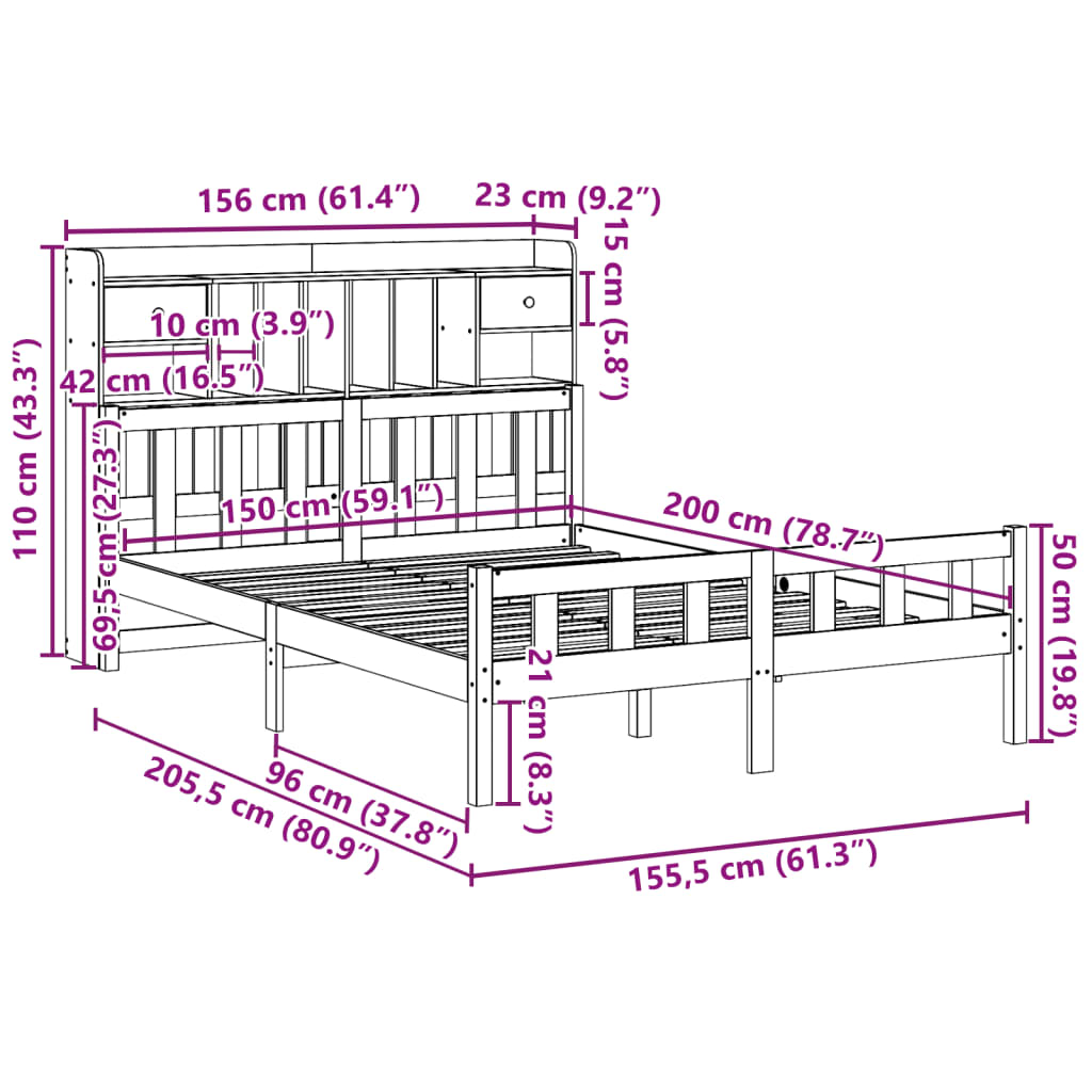 fehér tömör fenyőfa könyvespolcos ágy matrac nélkül 150x200 cm