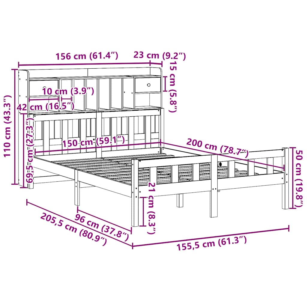 barna tömör fenyőfa könyvespolcos ágy matrac nélkül 150 x 200cm