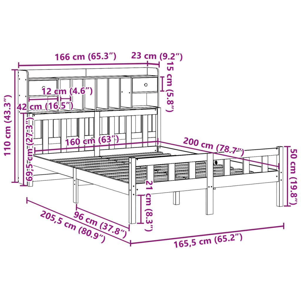 barna tömör fenyőfa könyvespolcos ágy matrac nélkül 160 x 200cm