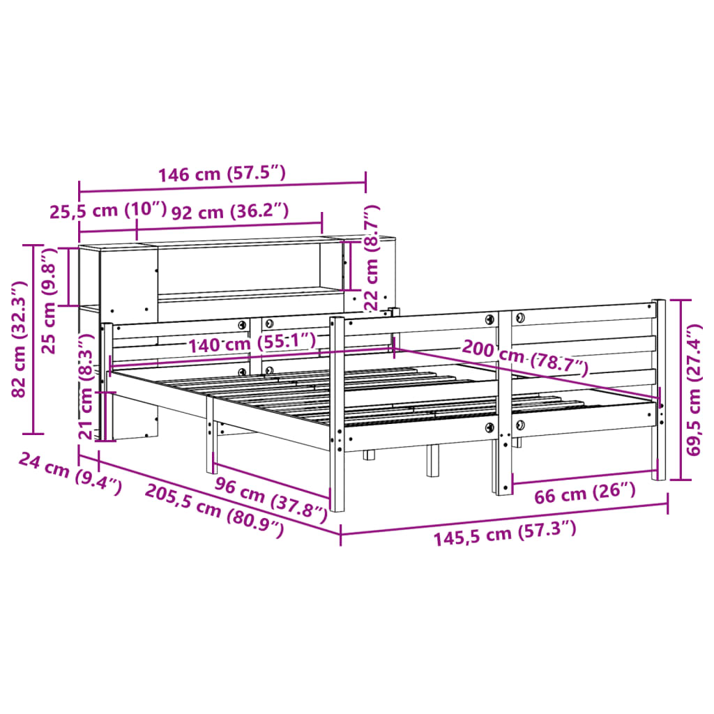 fehér tömör fenyőfa könyvespolcos ágy matrac nélkül 140x200 cm