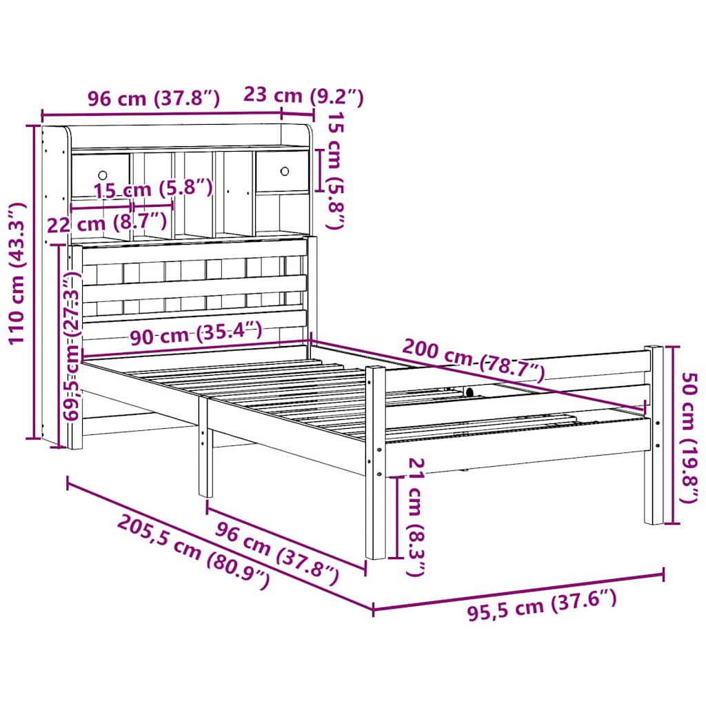 tömör fenyőfa könyvespolcos ágy matrac nélkül 90 x 200 cm