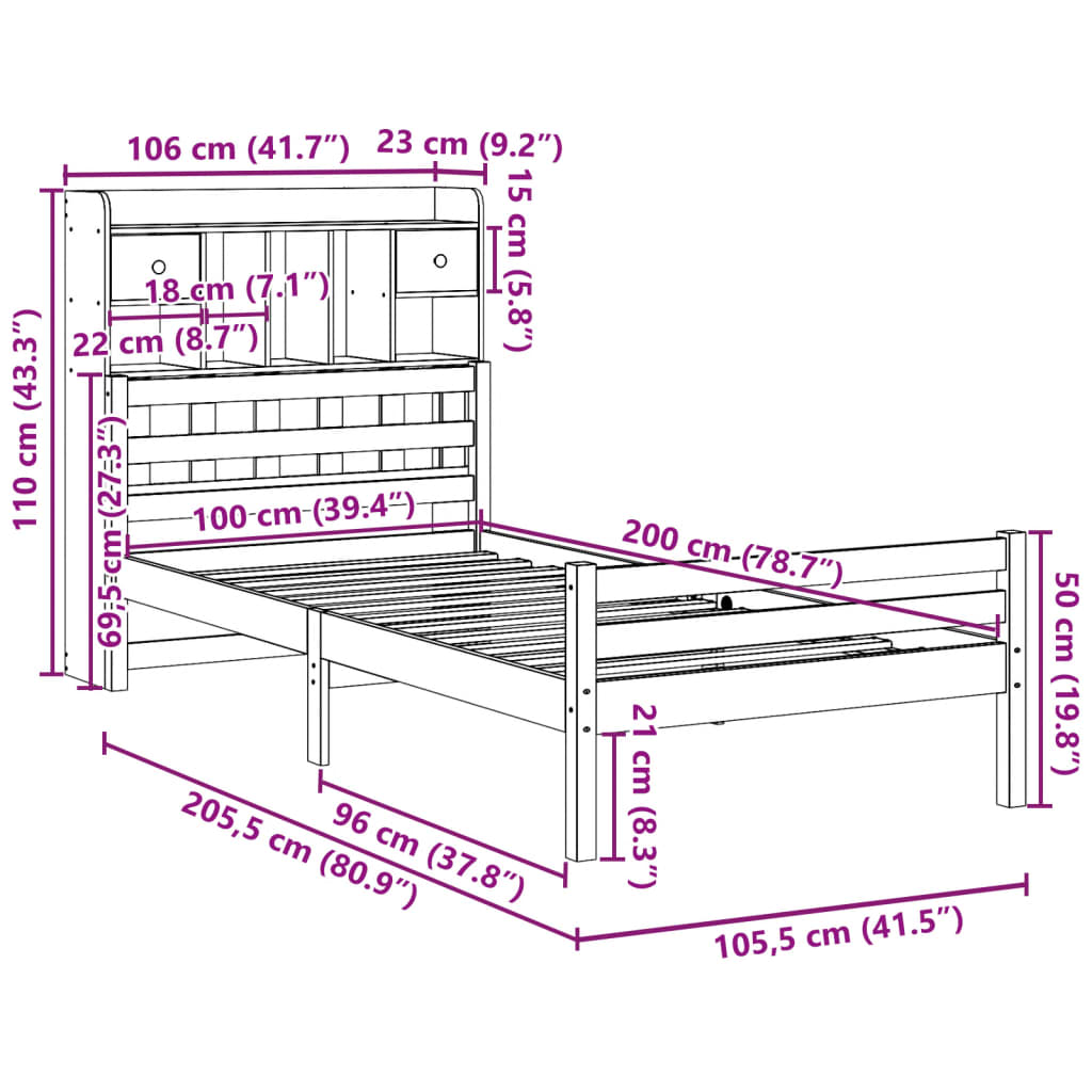 tömör fenyőfa könyvespolcos ágy matrac nélkül 100 x 200 cm