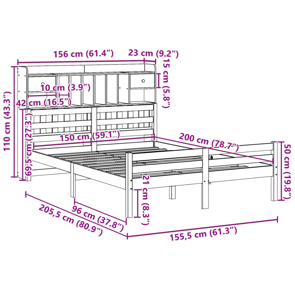 fehér tömör fenyőfa könyvespolcos ágy matrac nélkül 150x200 cm