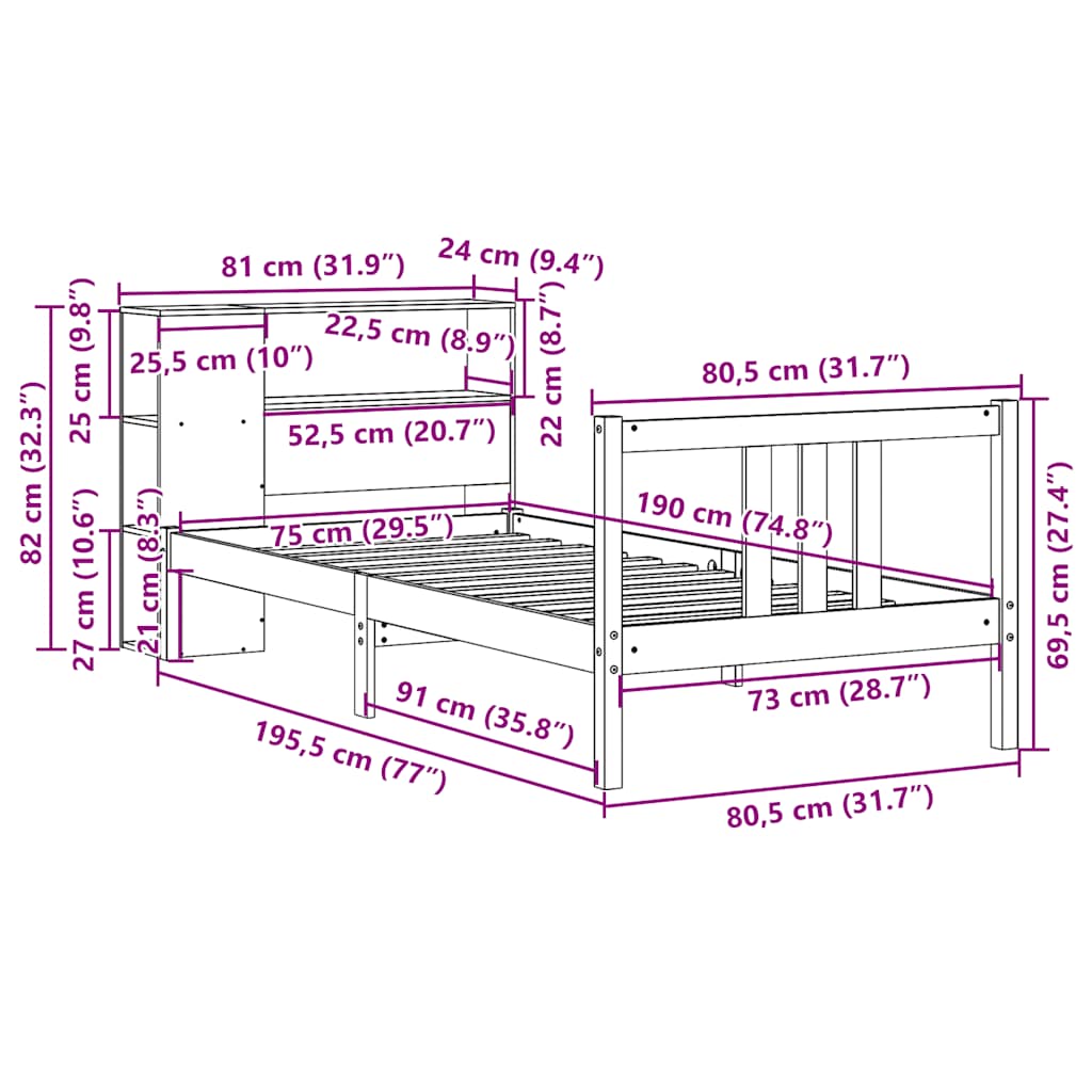 tömör fenyőfa könyvespolcos ágy matrac nélkül 75 x 190 cm