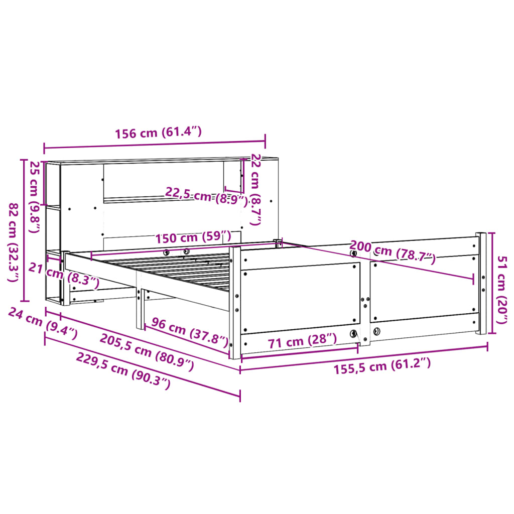 fehér tömör fenyőfa könyvespolcos ágy matrac nélkül 150x200 cm