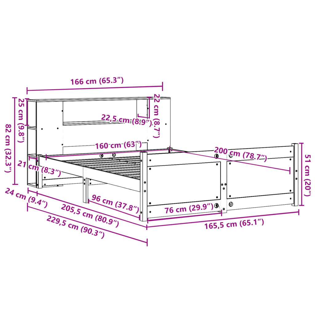 fehér tömör fenyőfa könyvespolcos ágy matrac nélkül 160x200 cm