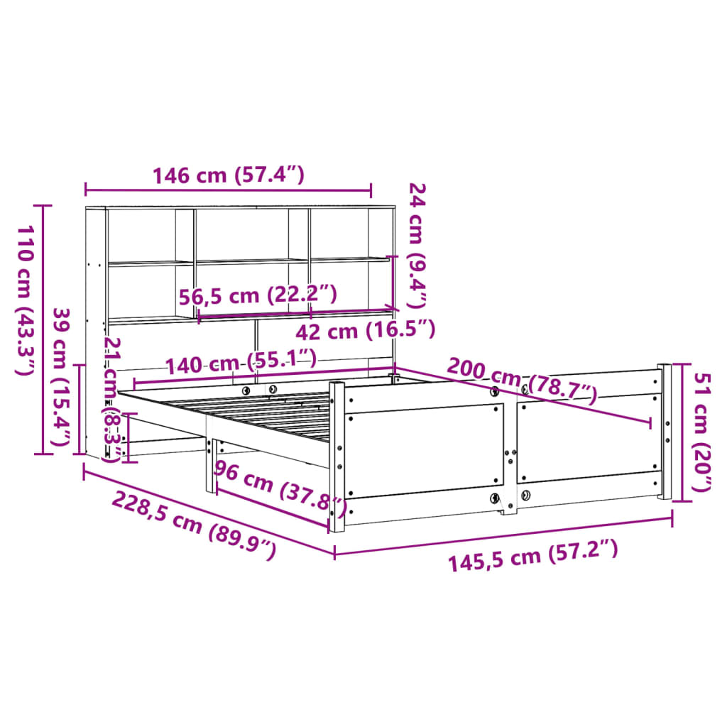 fehér tömör fenyőfa könyvespolcos ágy matrac nélkül 140x200 cm
