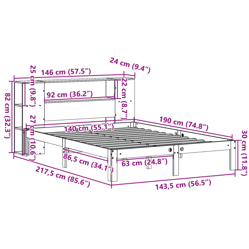fehér tömör fenyőfa könyvespolcos ágy matrac nélkül 140x190 cm