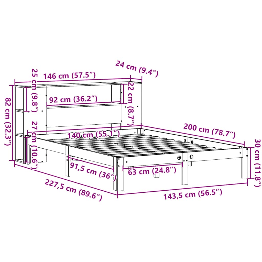 fehér tömör fenyőfa könyvespolcos ágy matrac nélkül 140x200 cm