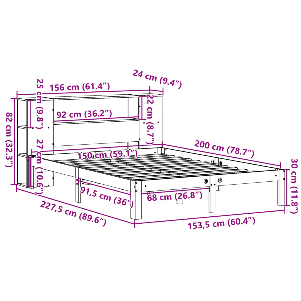 fehér tömör fenyőfa könyvespolcos ágy matrac nélkül 150x200 cm