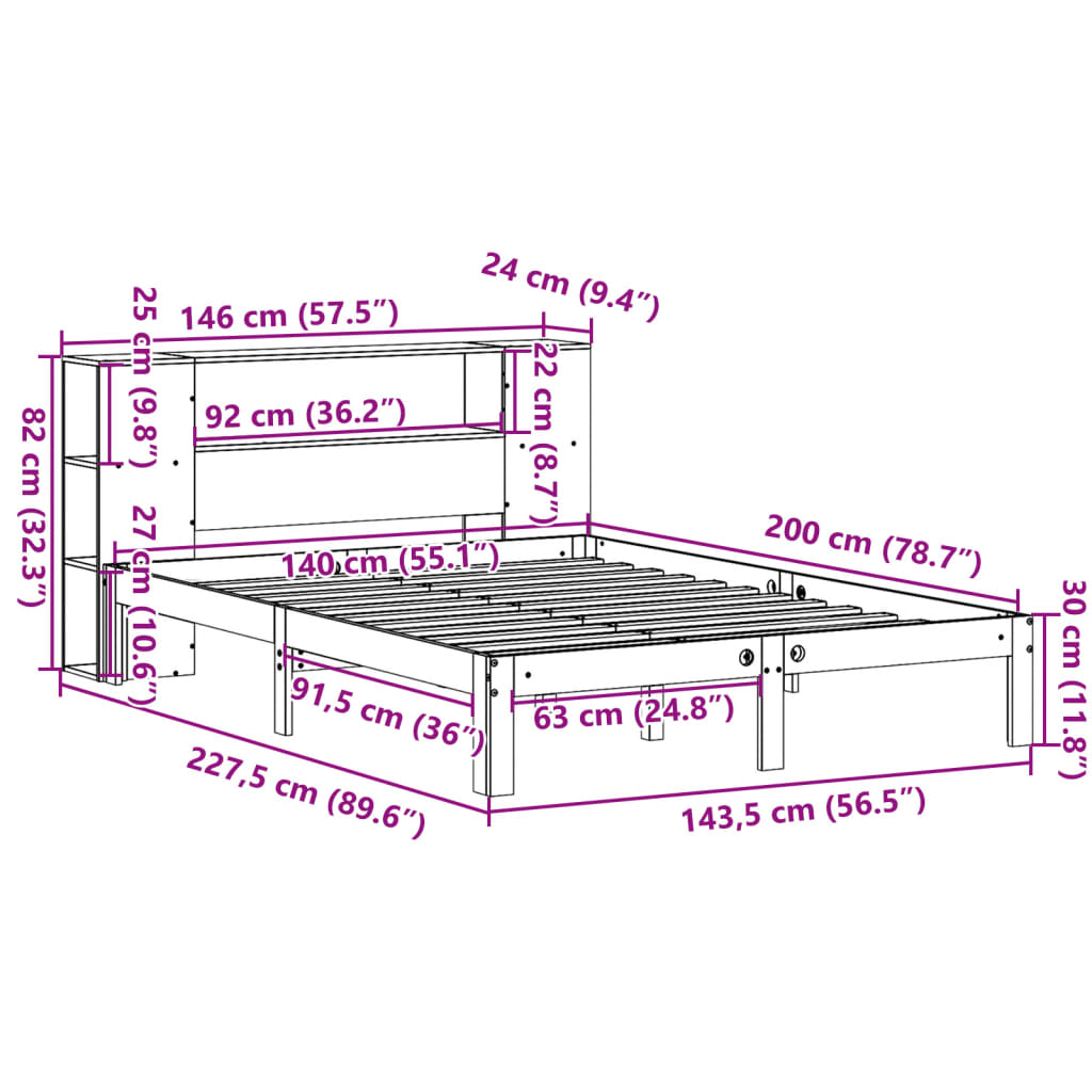 barna tömör fenyőfa könyvespolcos ágy matrac nélkül 140 x 200cm