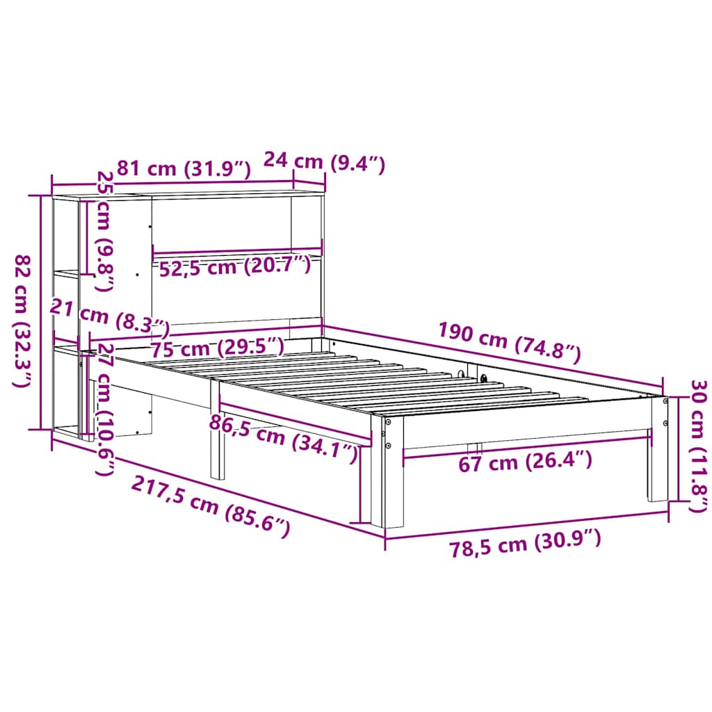 fehér tömör fenyőfa könyvespolcos ágy matrac nélkül 75 x 190 cm