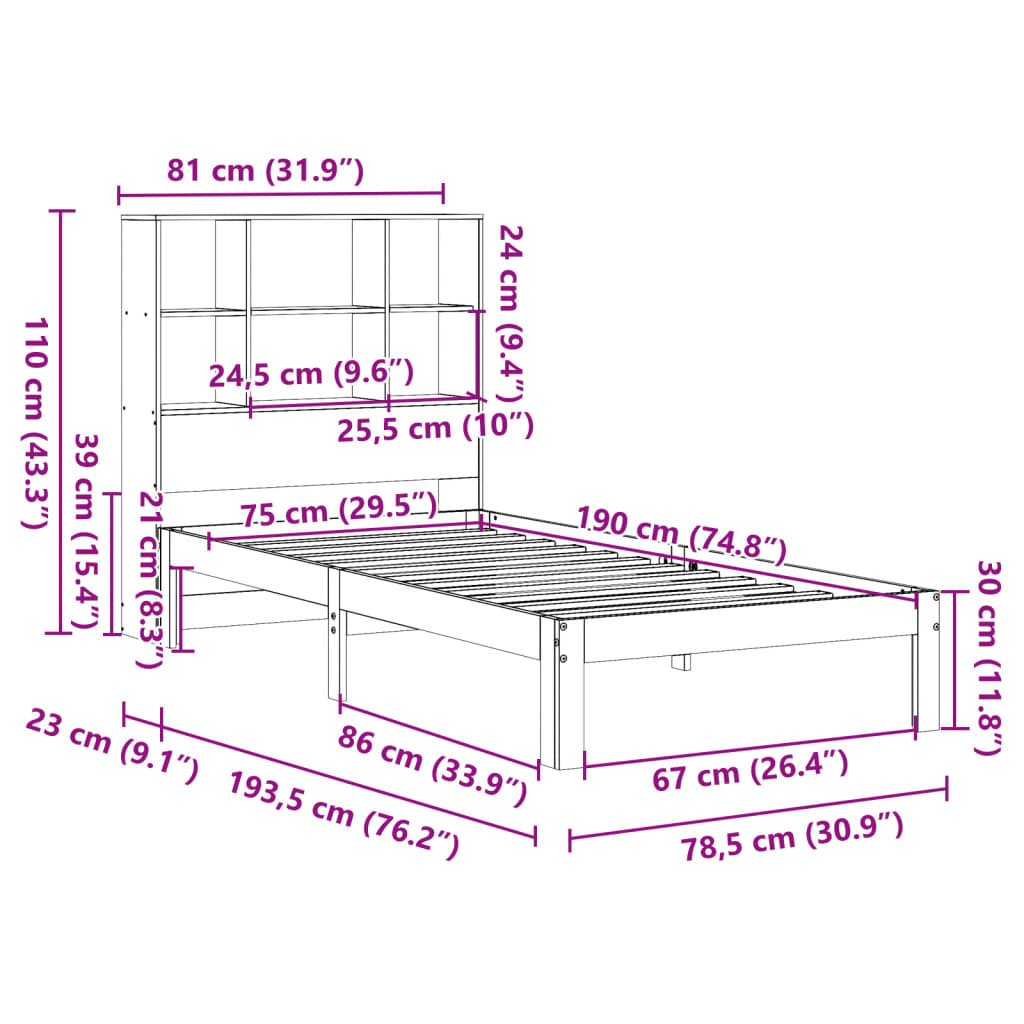 barna tömör fenyőfa könyvespolcos ágy matrac nélkül 75 x 190 cm