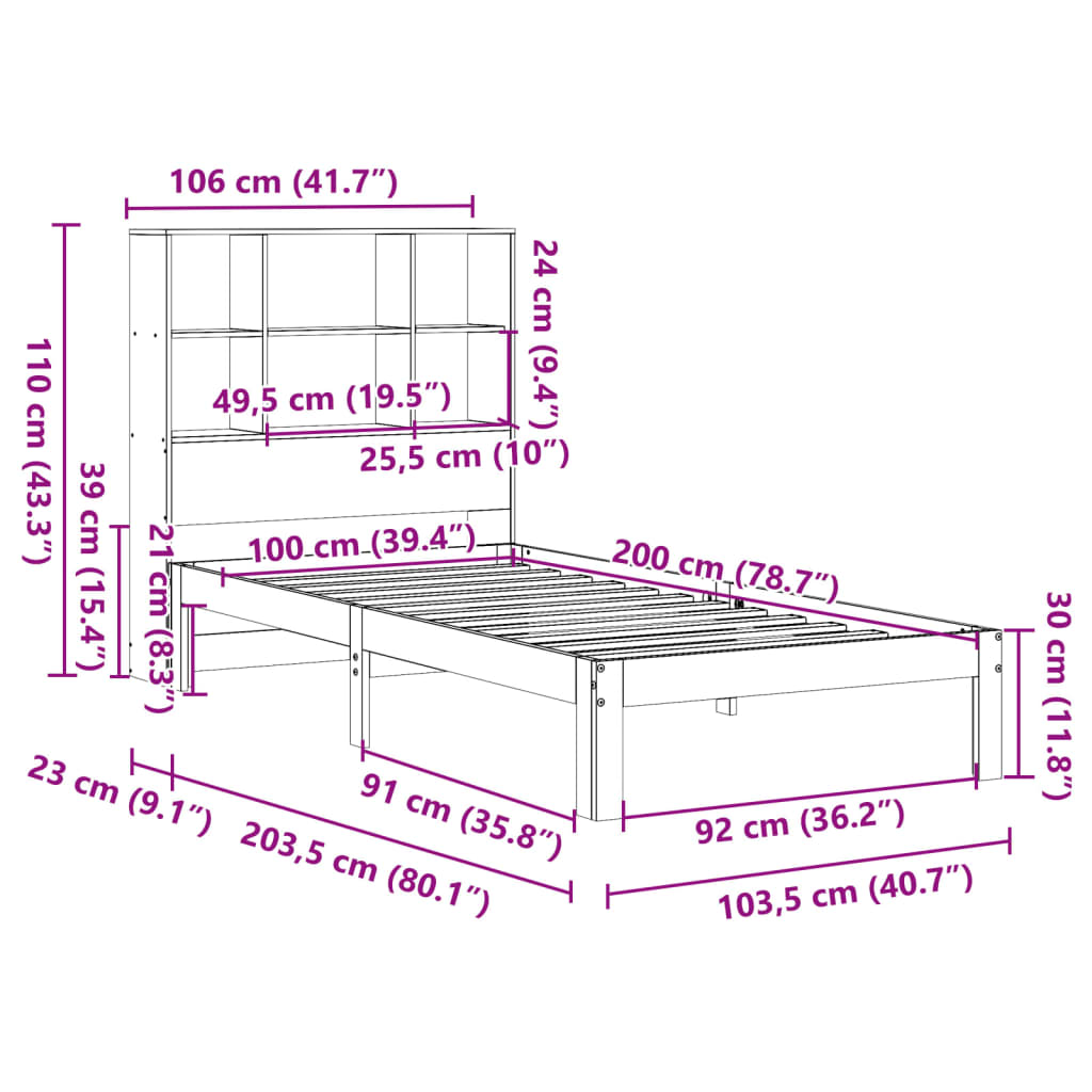 barna tömör fenyőfa könyvespolcos ágy matrac nélkül 100 x 200cm
