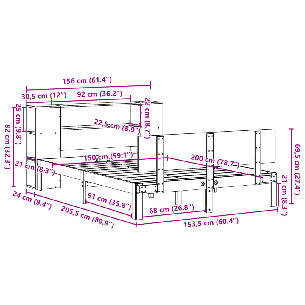 fehér tömör fenyőfa könyvespolcos ágy matrac nélkül 150x200 cm