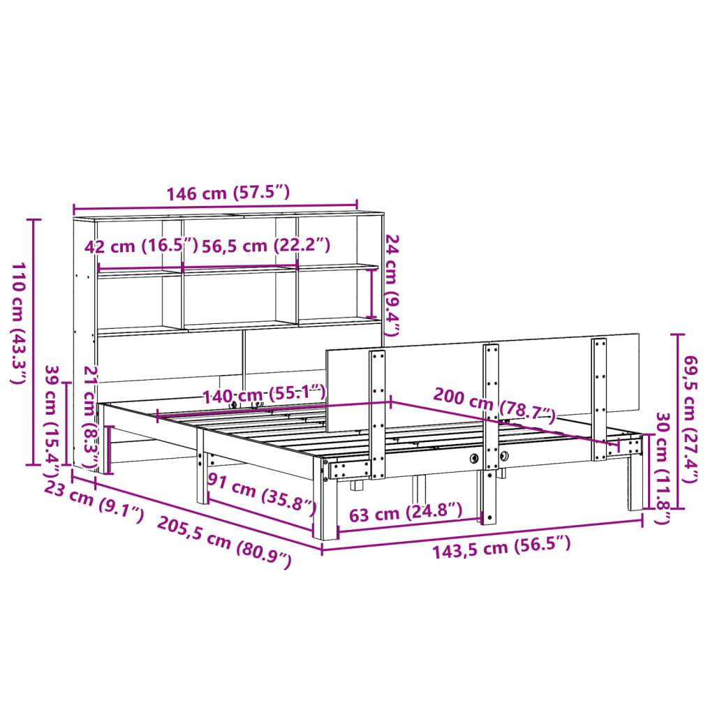 fehér tömör fenyőfa könyvespolcos ágy matrac nélkül 140x200 cm