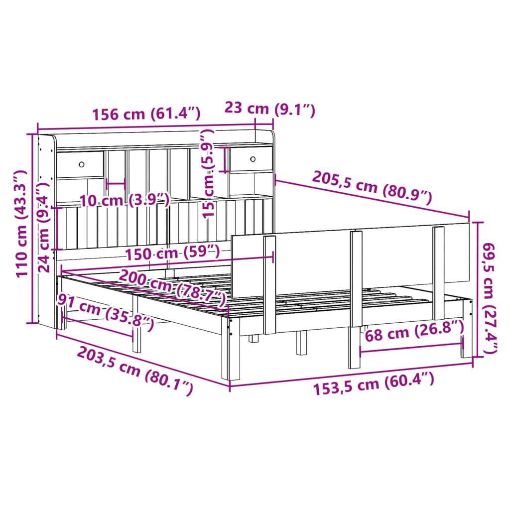 fehér tömör fenyőfa könyvespolcos ágy matrac nélkül 150x200 cm