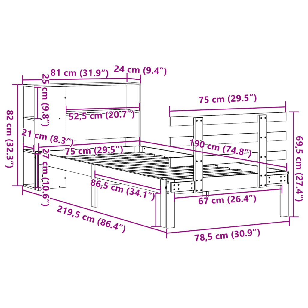 fehér tömör fenyőfa könyvespolcos ágy matrac nélkül 75 x 190 cm