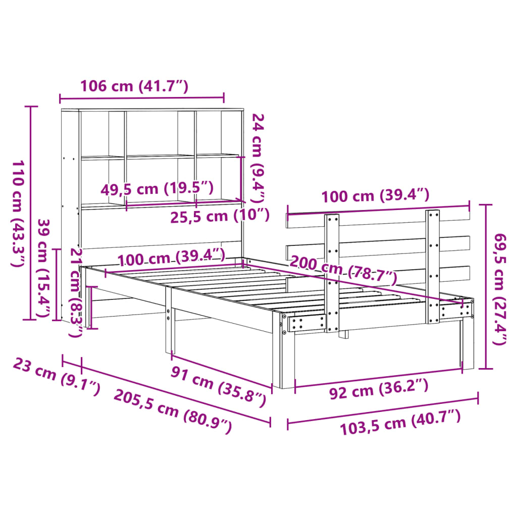 barna tömör fenyőfa könyvespolcos ágy matrac nélkül 100 x 200cm