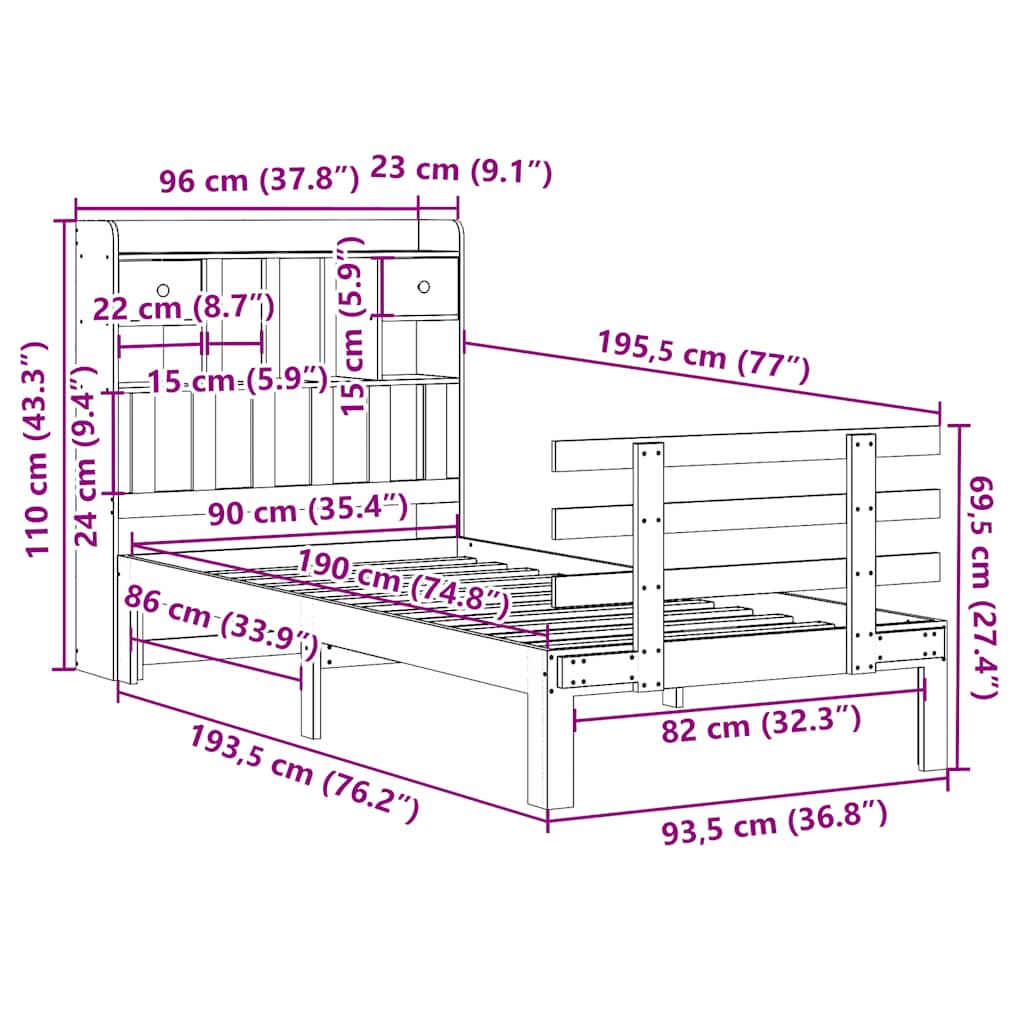 tömör fenyőfa könyvespolcos ágy matrac nélkül 90 x 190 cm