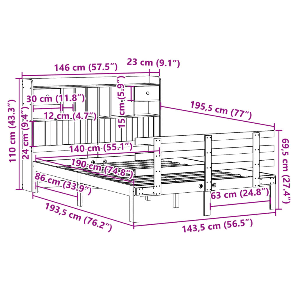 fehér tömör fenyőfa könyvespolcos ágy matrac nélkül 140x190 cm
