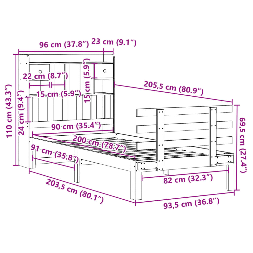 fehér tömör fenyőfa könyvespolcos ágy matrac nélkül 90 x 200 cm