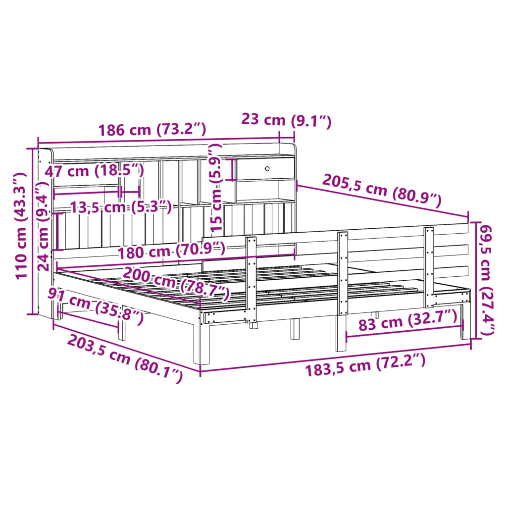 fehér tömör fenyőfa könyvespolcos ágy matrac nélkül 180x200 cm