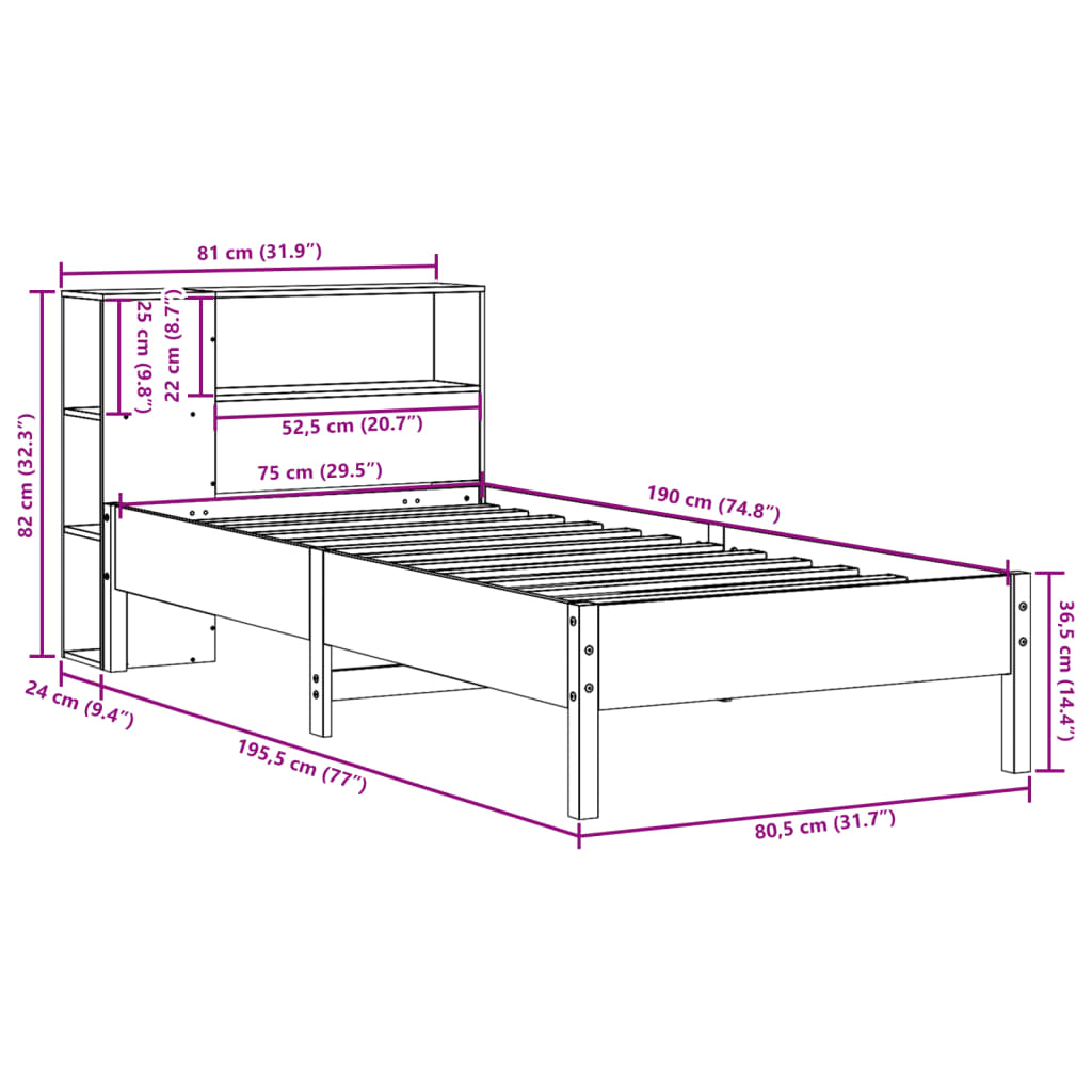 fehér tömör fenyőfa könyvespolcos ágy matrac nélkül 75 x 190 cm