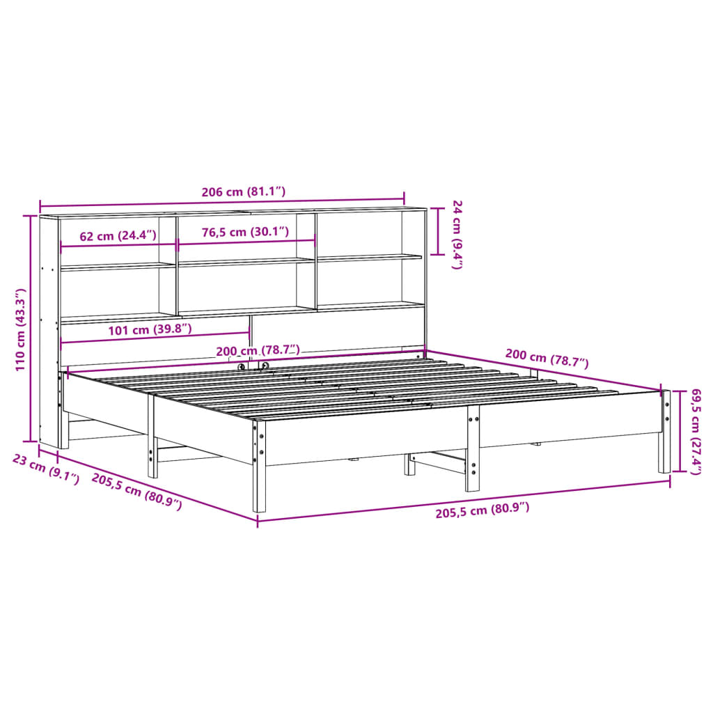 barna tömör fenyőfa könyvespolcos ágy matrac nélkül 200 x 200cm