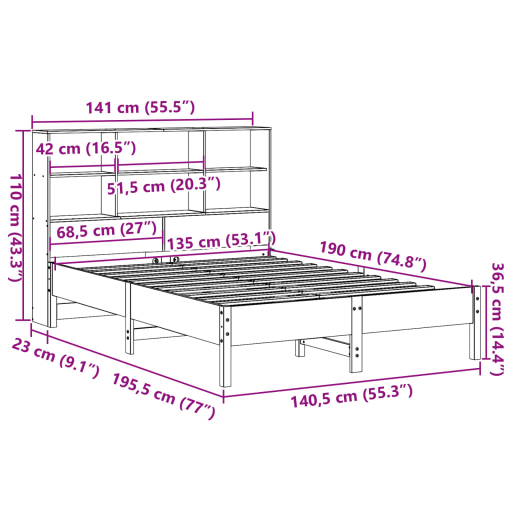 barna tömör fenyőfa könyvespolcos ágy matrac nélkül 135 x 190cm