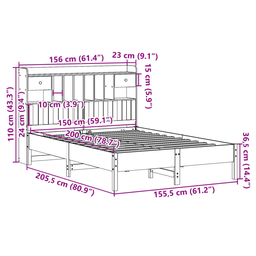barna tömör fenyőfa könyvespolcos ágy matrac nélkül 150 x 200cm
