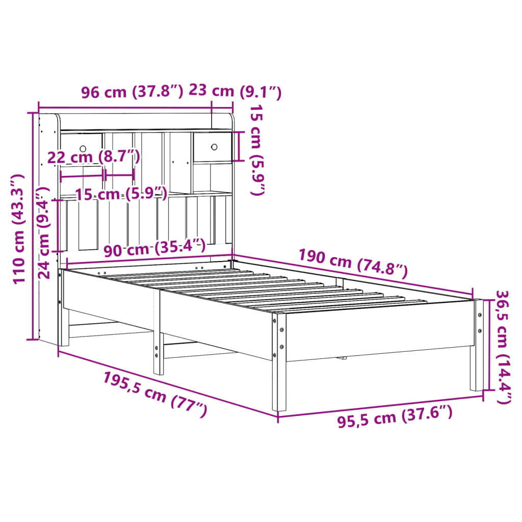 fehér tömör fenyőfa könyvespolcos ágy matrac nélkül 90 x 190 cm