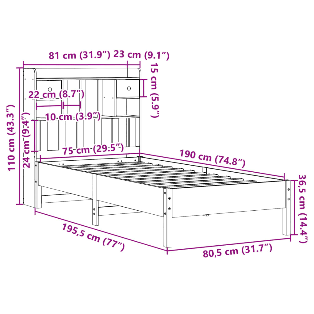 barna tömör fenyőfa könyvespolcos ágy matrac nélkül 75 x 190 cm