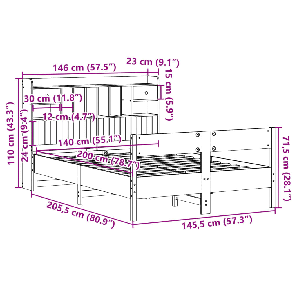 tömör fenyőfa könyvespolcos ágy matrac nélkül 140 x 200 cm