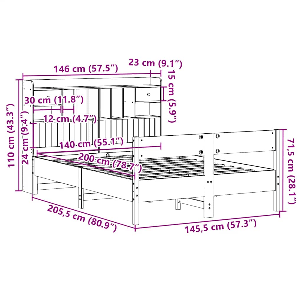 fehér tömör fenyőfa könyvespolcos ágy matrac nélkül 140x200 cm