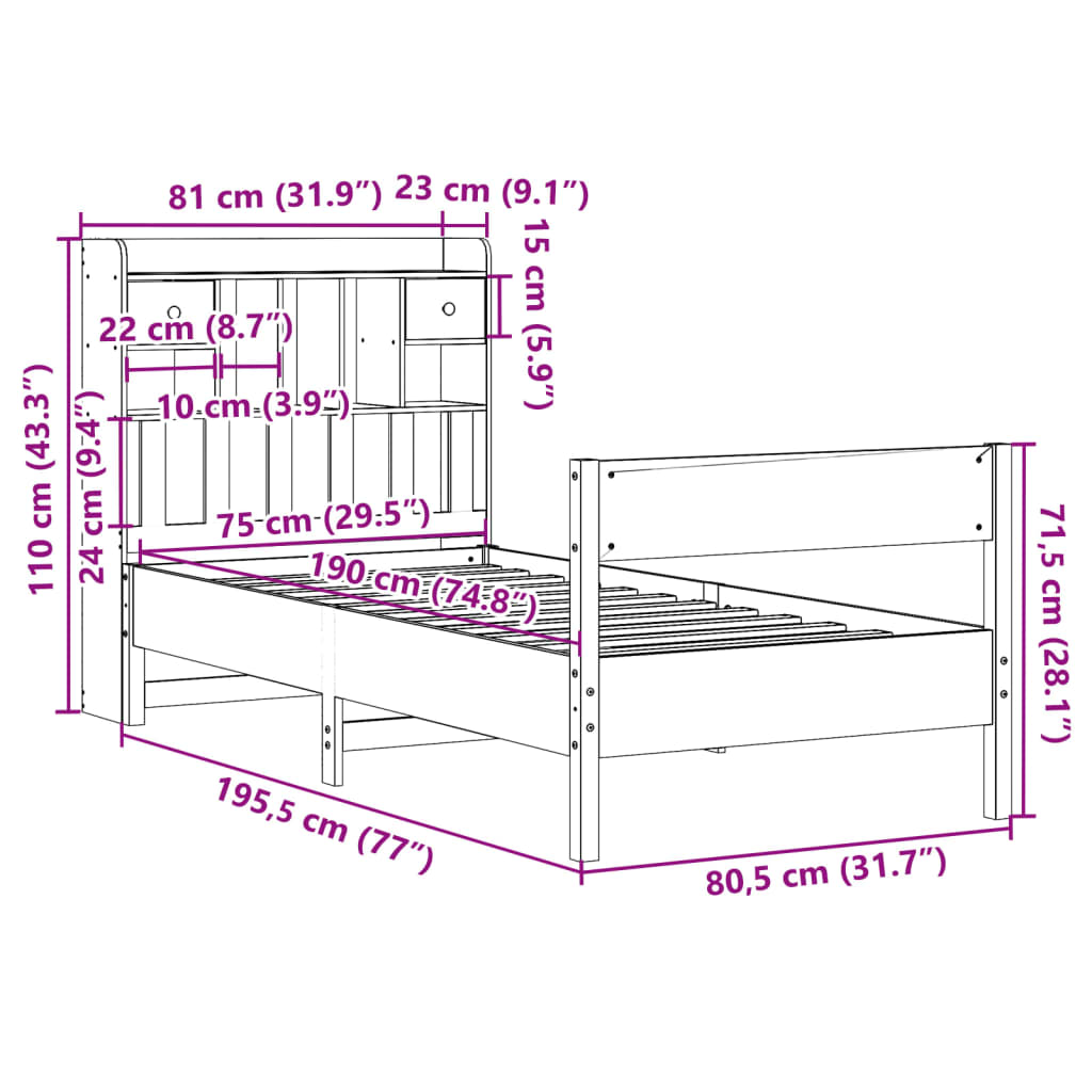 fehér tömör fenyőfa könyvespolcos ágy matrac nélkül 75 x 190 cm