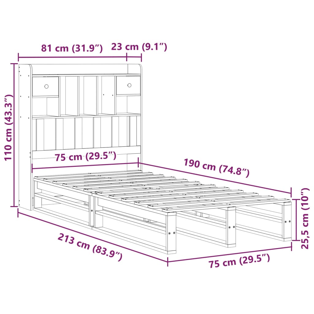 barna tömör fenyőfa könyvespolcos ágy matrac nélkül 75 x 190 cm