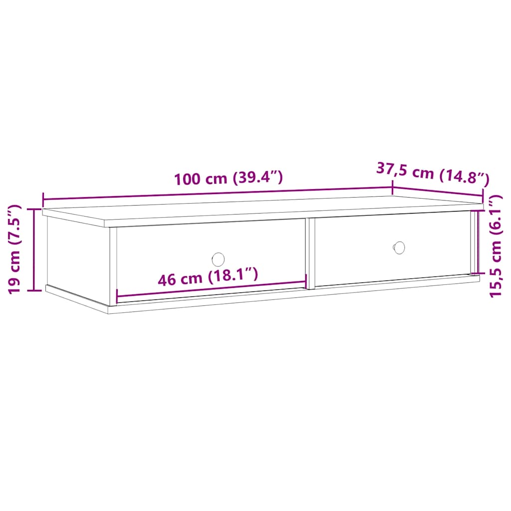 szürke sonoma szerelt fa falipolc fiókokkal 100 x 37,5 x 19 cm